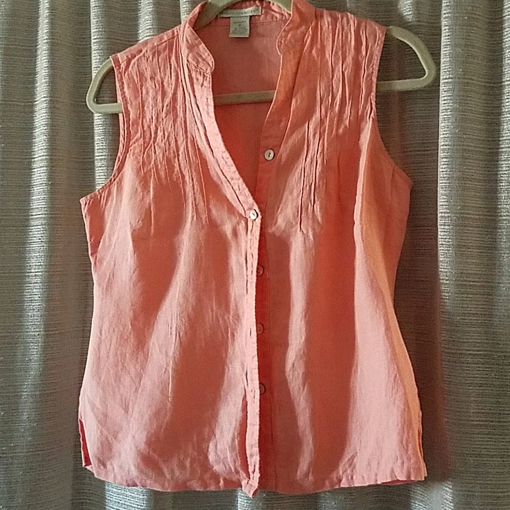 Coral Linen Sleeveless Button Down Top